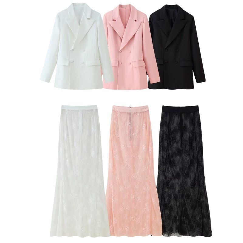 Conjunto de blazer e saia de renda feminino – Jaqueta com lapela e botões e saia evasê (rosa/preto/branco, P-G)_voghion.com