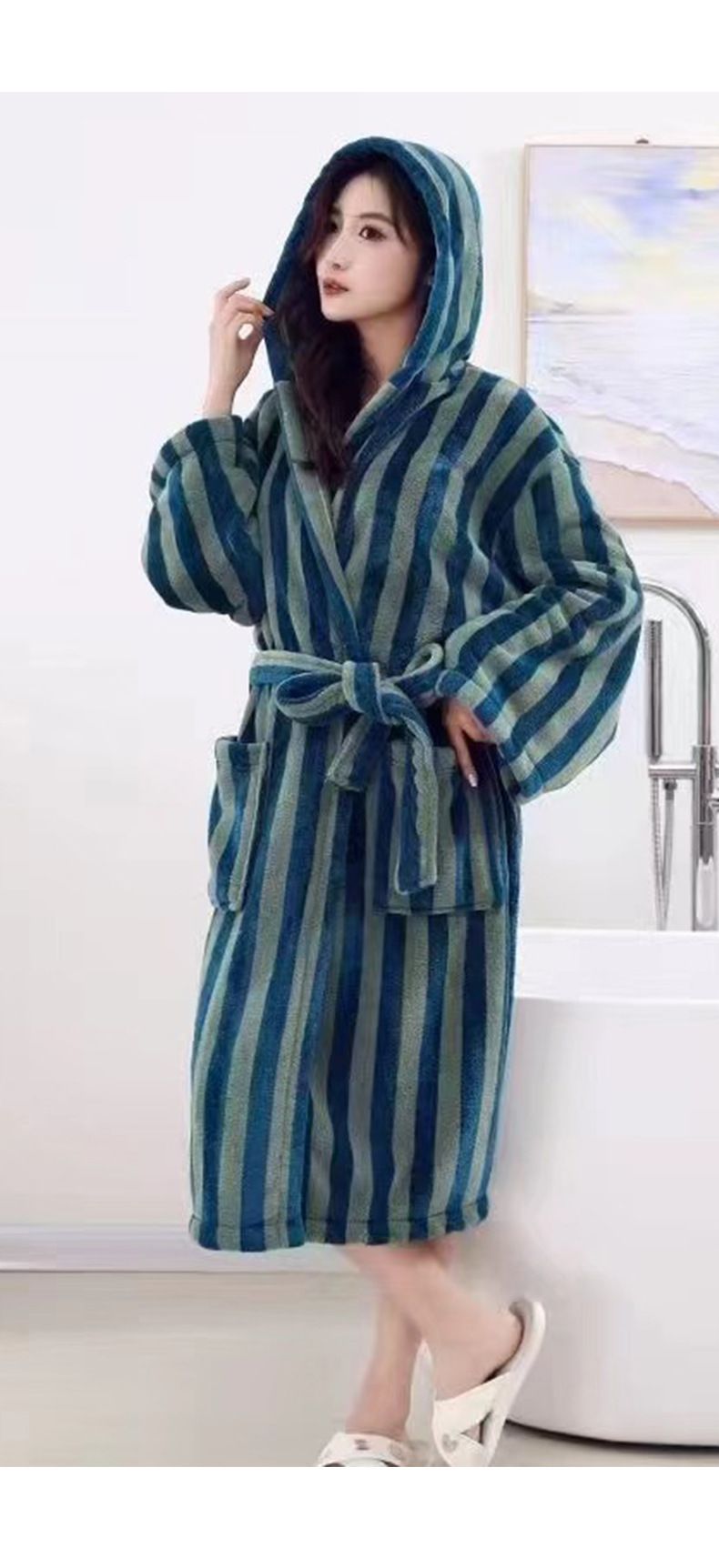 Mikro Polar Kapşonlu Bornoz Peluş Uzun Spa Bornozu Emici Bornoz_voghion.com