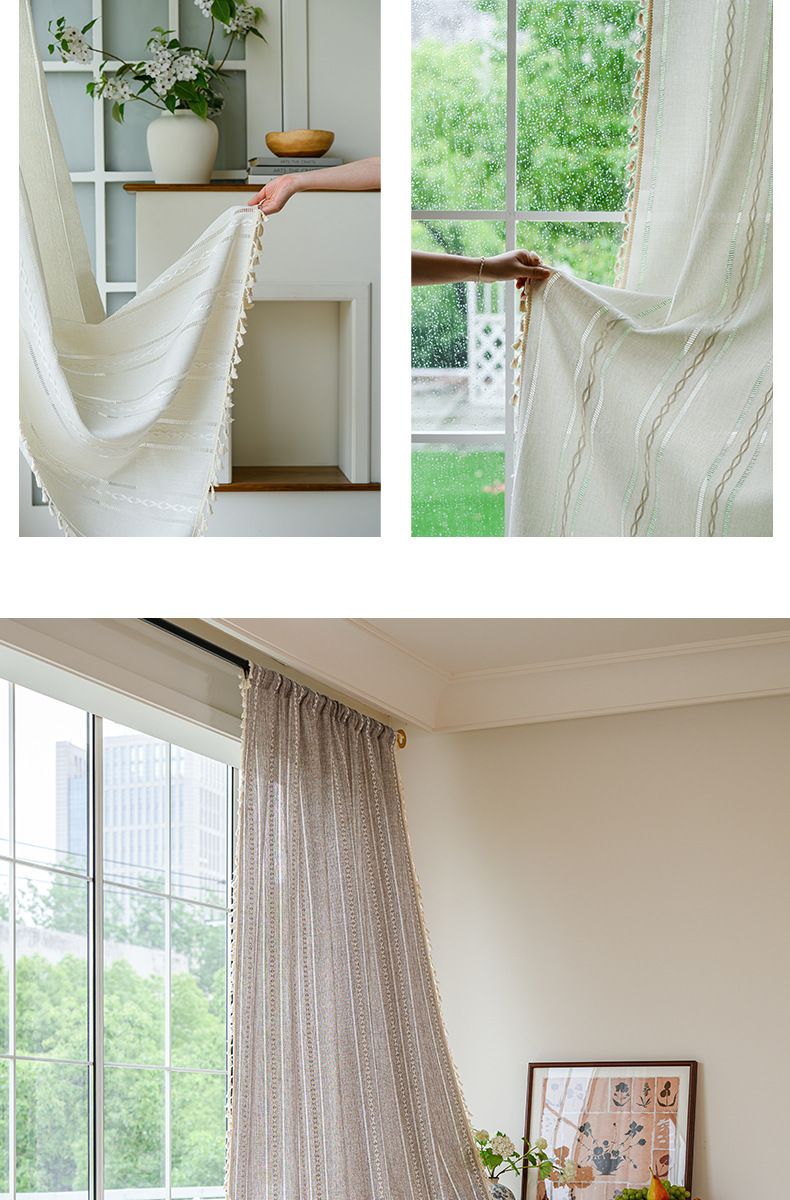 Gordijnen van linnenmix, semi-transparante gestreepte raamgordijnen - 100% natuurlijk katoen en polyester, Boho Chic kamerverdeler voor keuken/slaapkamer/balkon_voghion.com