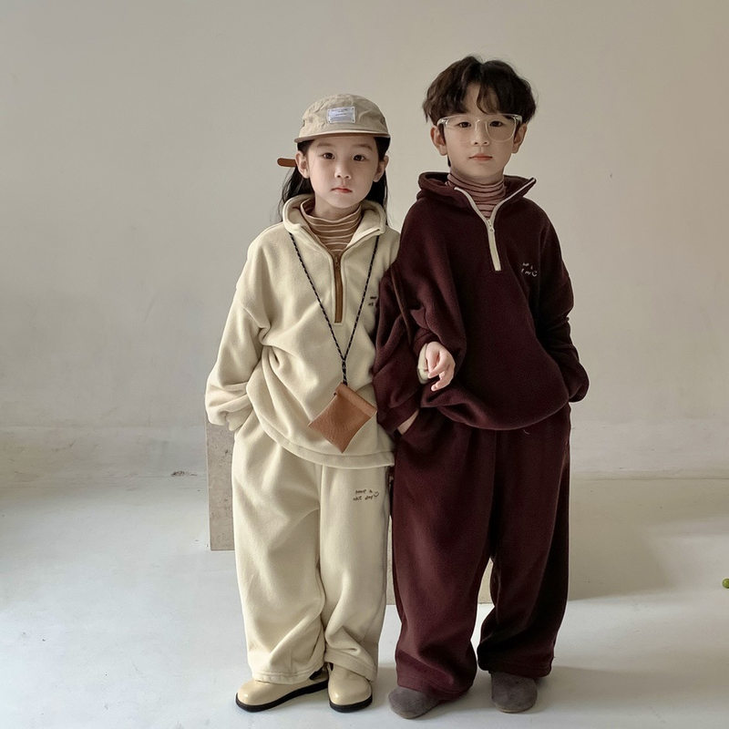 2023 Vinter Gutter og Jenter Koreansk Ensfarget Bokstaver Todelt Sett Barne Tykk Avslappet Glidelås_voghion.com