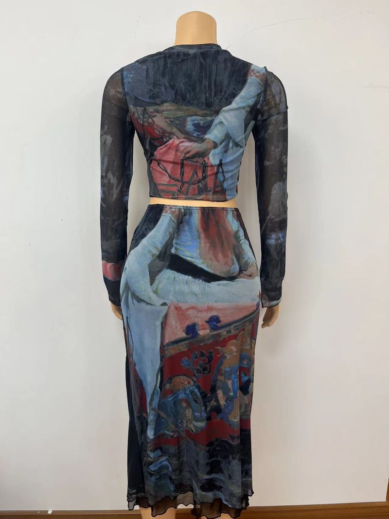 Women's Clothing Elastic Silk Screen Printing Bottoming Shirt Long Sleeved Top Mesh Skirt Suit_voghion.com