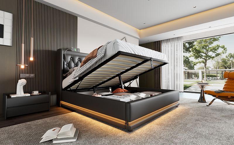 Lit double 160 x 200 cm, matelas en polyuréthane noir, lit coffre hydraulique avec chargement USB Type-C et éclairage LED sur 3 côtés, tête de lit rembourrée (matelas inclus)._voghion.com