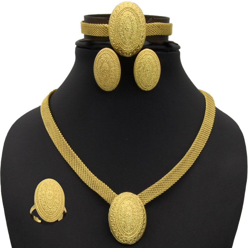 Gold Plated Jewelry Set Bride Necklace Earrings Ring Bracelet Sand Gold Accessories_voghion.com