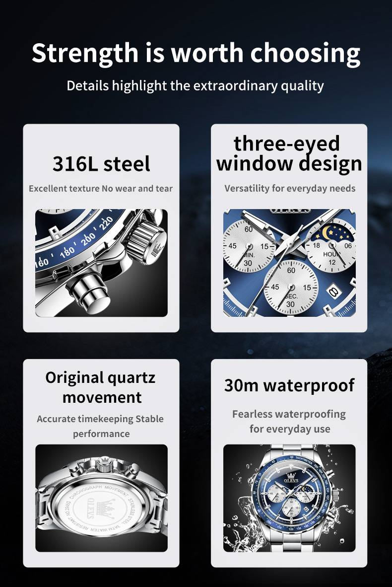 Montre à quartz pour homme classique multifonction pointeur lumineux étanche phase de lune date horloge montres-bracelets bracelet en acier_voghion.com