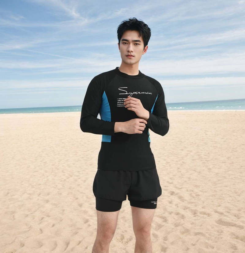 Zweifarbiges Herren-Badeanzug-Set, zweiteiliges langärmeliges, sonnenschützendes, schnell trocknendes Schwimmtrainingsset für Erwachsene in großer Größe_voghion.com