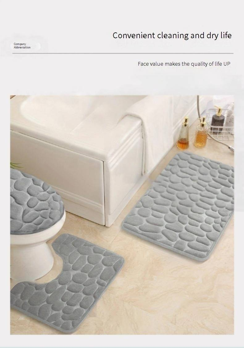 Pebble-Pattern Bathroom Mat Set - U-Shaped Toilet Rug With 3-Piece Non-Slip Coral Fleece Mats (Fast Absorbing Easy Clean Waterproof 24"X16")_voghion.com