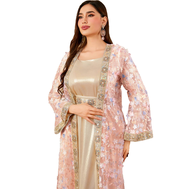 Muslimische Damenbekleidung Neue elegante Luxus bestickte Spitze zweiteilige Robe Abaya_voghion.com