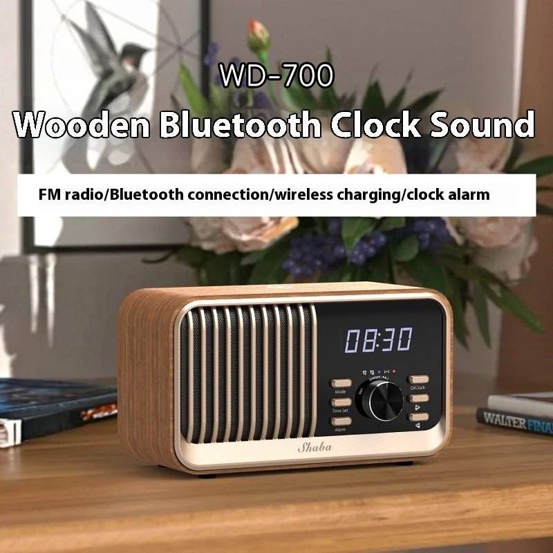 Enceinte Bluetooth multifonction avec radio FM, chargement sans fil, carte TF et horloge – Enceinte d'extérieur portable au design personnalisé_voghion.com