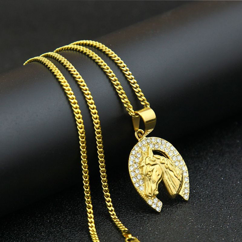 Men's Hip Hop Stainless Steel Horse Head Pendant Necklace With Diamond Accents, Gold Cuban Chain, Statement Jewelry For Men_voghion.com