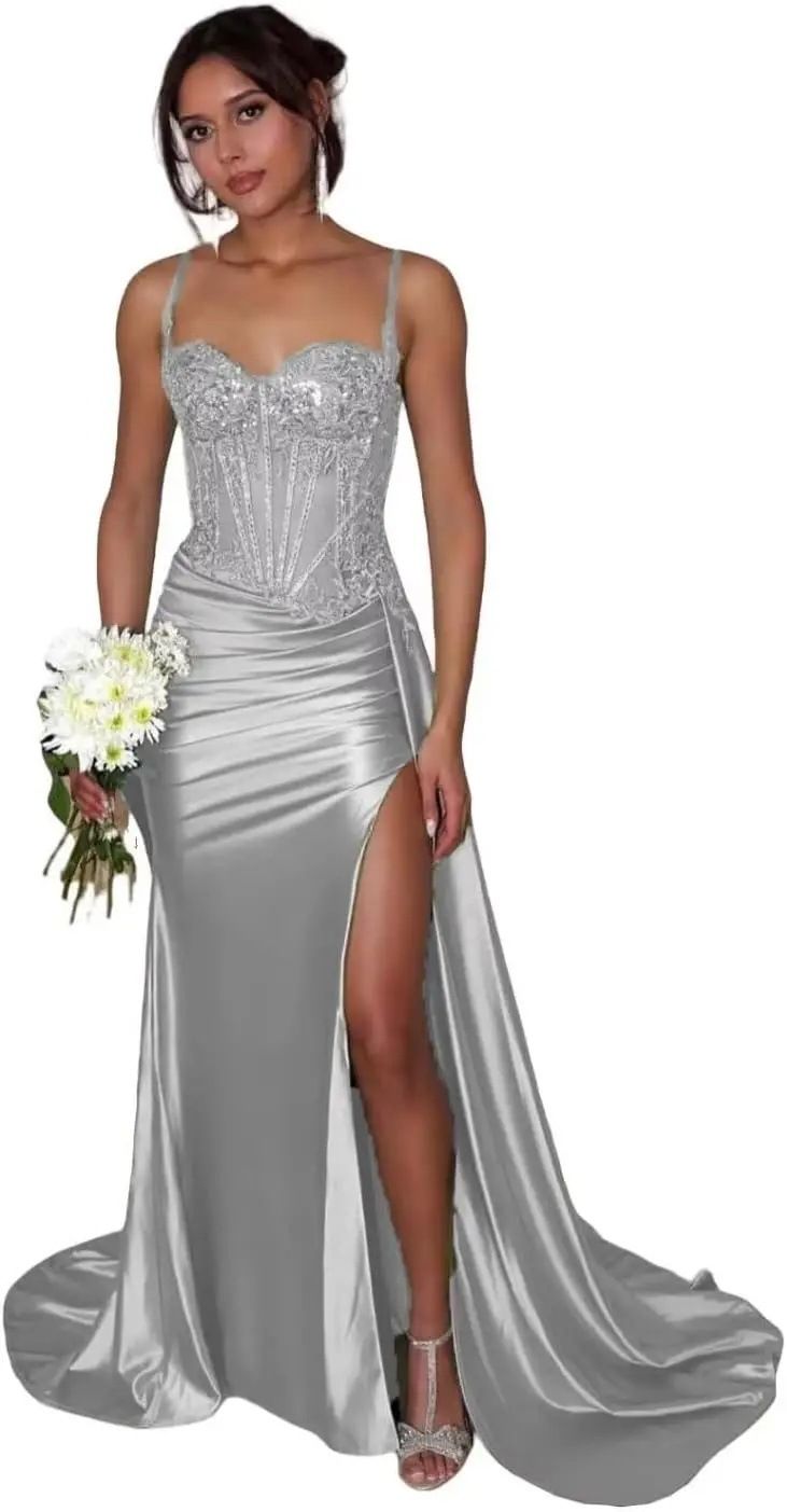 Abito da sera elegante verde senza spalline con spacco alto e piccolo strascico – Abito da sera formale per donna_voghion.com