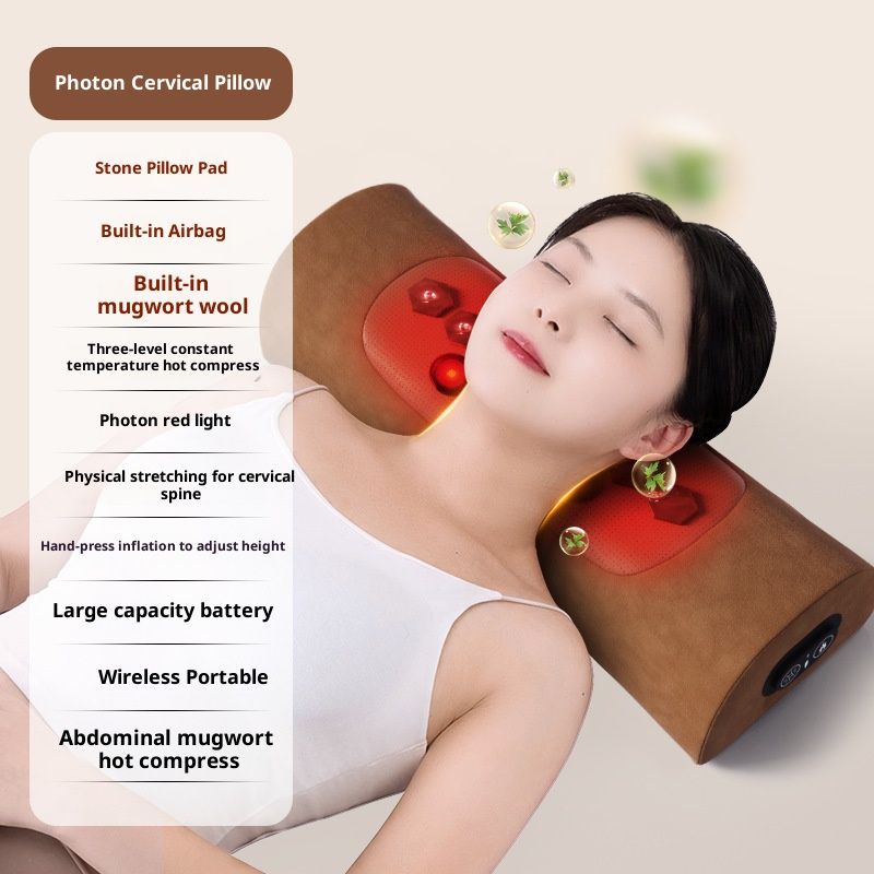 J2 Bian Stone Red Light Mugwort Cervical Pillow - Heating Massage Neck Support For Back Pain Relief, USB-Powered With Thermal Therapy_voghion.com