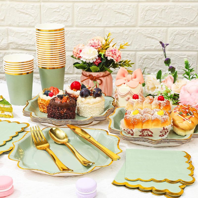 Elegant Gold-Foiled Green Disposable Party Tableware Set - Eco-Friendly Plates, Napkins & Cups For Events_voghion.com