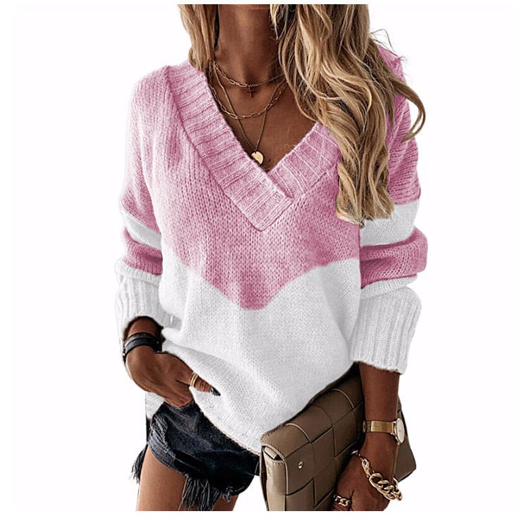 Pull ample à col en v pour femme, pull ample avec couleurs contrastées, automne et hiver_voghion.com