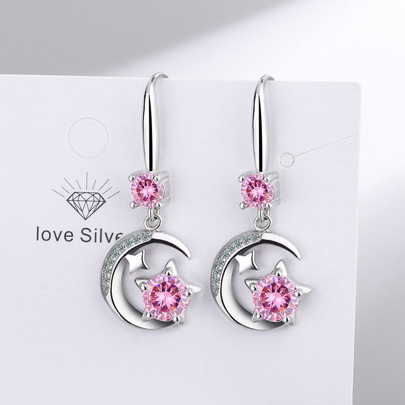 Per donna versione coreana orecchini corti eleganti con doppia stella e luna, diamanti rosa freschi e dolci, zirconi_voghion.com