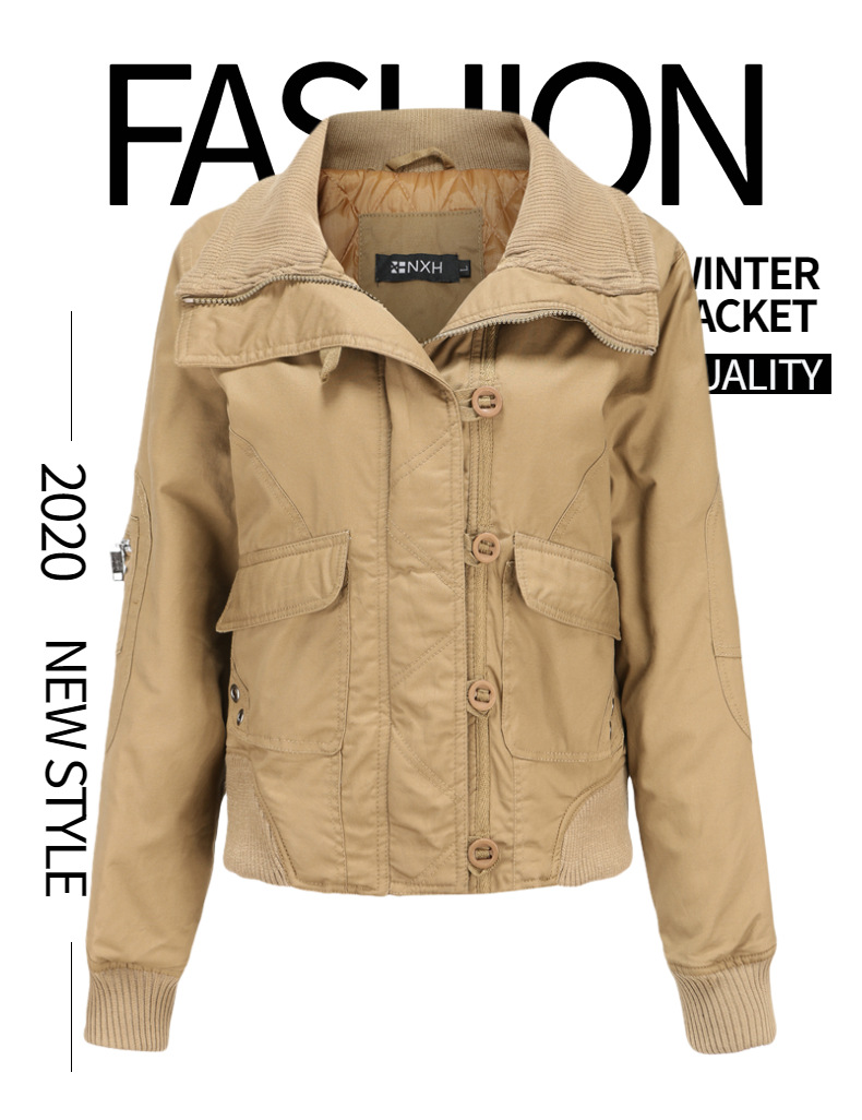 New women's short winter warm Women's high collar ribbed cotton jacket_voghion.com