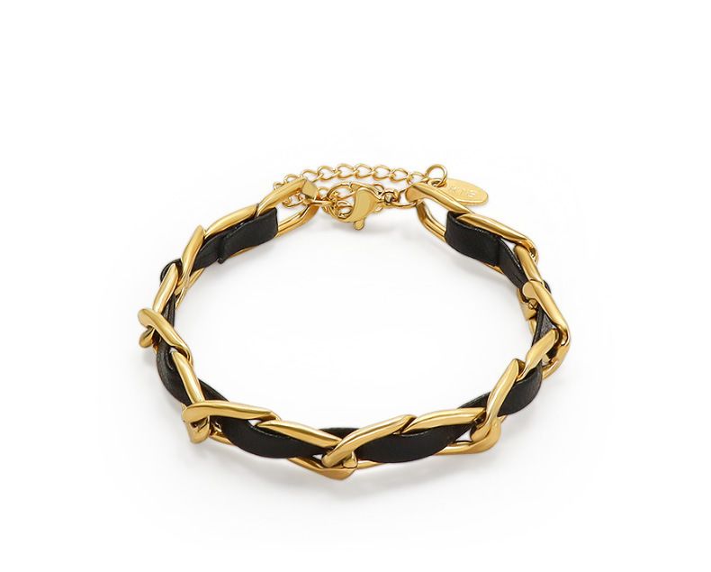 Bracciale in pelle con catena in corda e gioielli europei e americani, distintivo, da donna, in acciaio al titanio, in oro, per coppie, E200_voghion.com