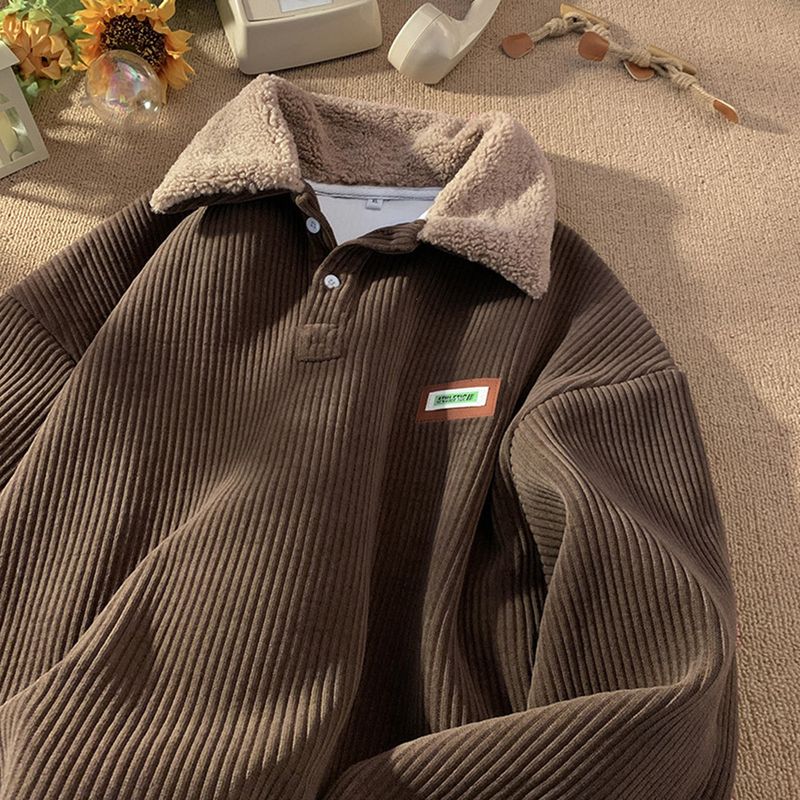 Nuova felpa a collo alto in velluto a coste per uomo in autunno e inverno, alla moda e spessa, giacca larga in pelo di agnello_voghion.com