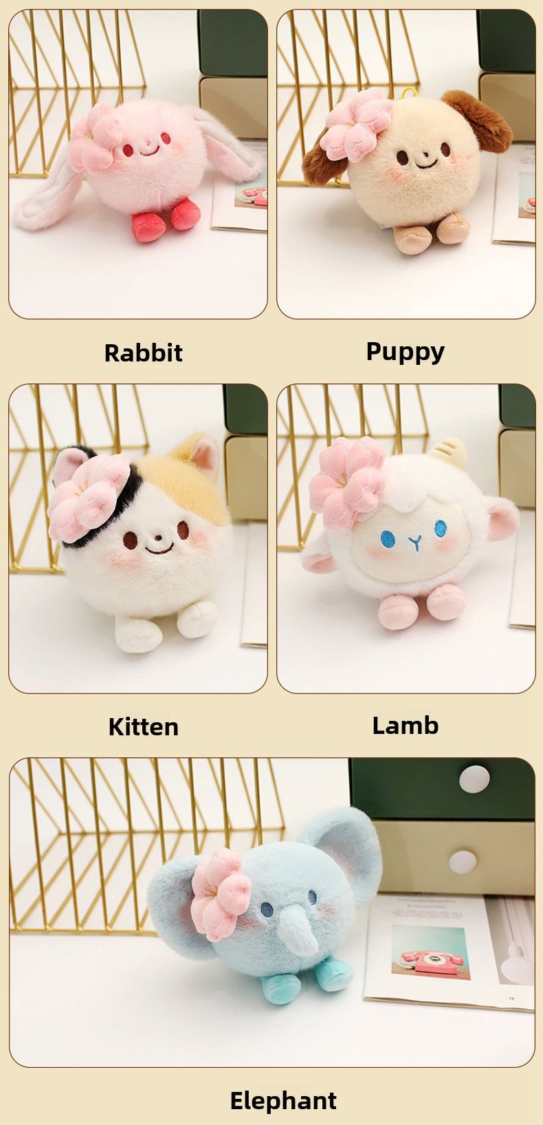 Stress Relieving Cute Pet Pinch Music Decompression Ball Plush Toy Elephant Kitten Pendant Puppy Rabbit Doll Keychain_voghion.com