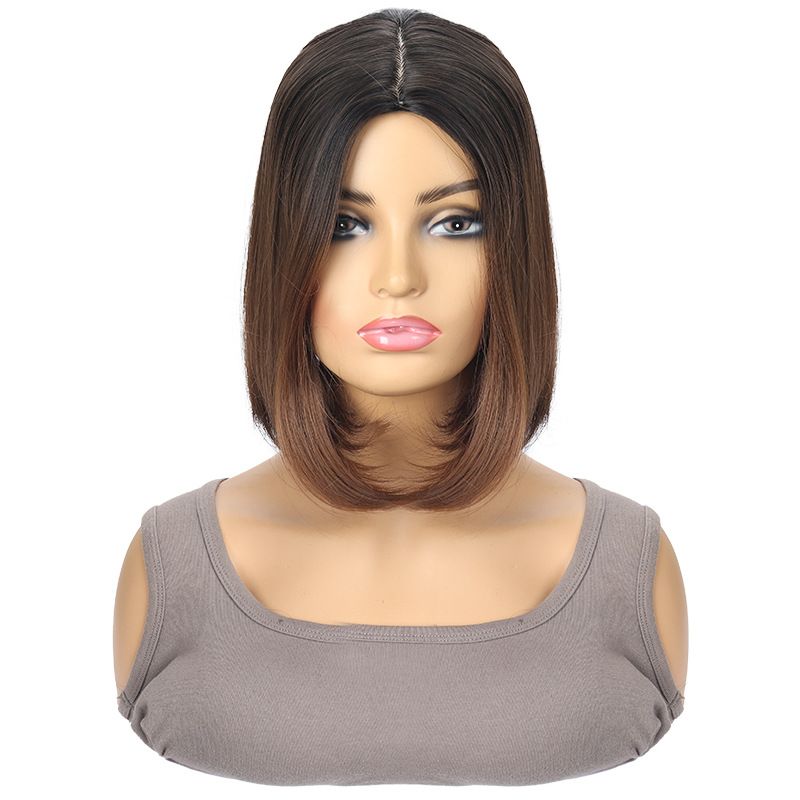 Synthetic Clip-in Ladies Brown Dyed Middle Parted Short Straight Hair Synthetic Wig Bob Inner Curling Wig_voghion.com