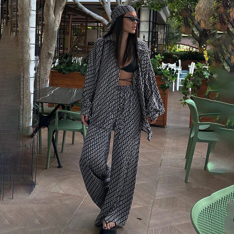 Abbigliamento da donna primaverile di alta qualità, camicia ampia a maniche lunghe e pantaloni, completo in raso stampato a due pezzi_voghion.com
