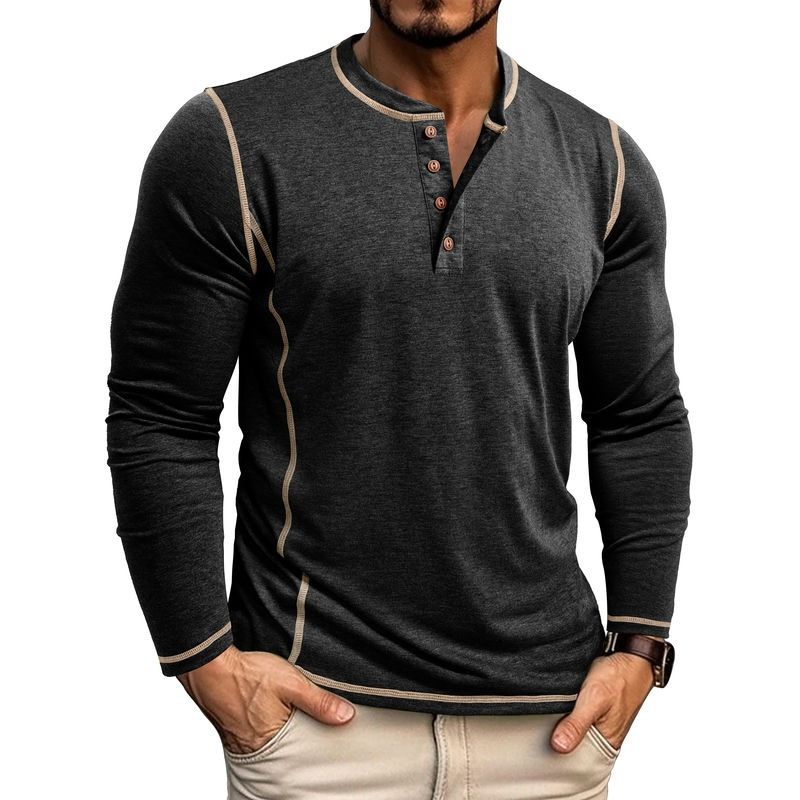 Herrenbekleidung Herbst und Winter Großes Herren Langarm T-Shirt Herrenhemd Vier-Knopf-Oberteil_voghion.com