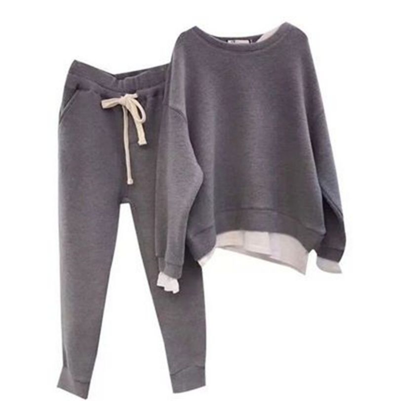 Women's Clothing Fashionable Two-Piece Layered Loose Sweatshirt Set For Women - Trendy Autumn Casual Outfit With Patchwork Design (Grey/Black)_voghion.com
