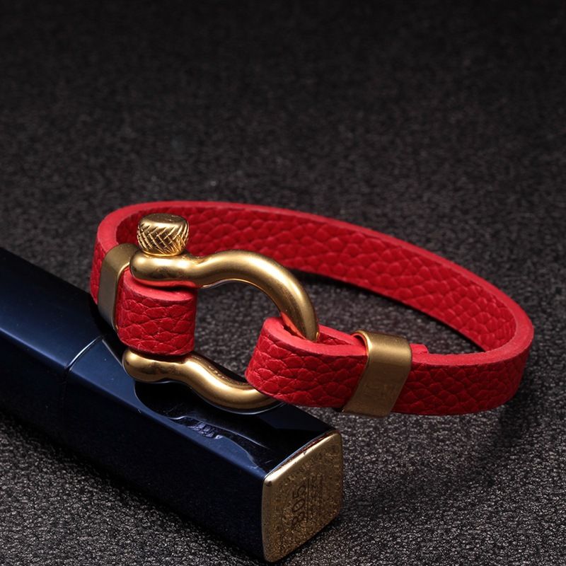 304L Hochwertiges Edelstahl-Modearmband aus echtem Leder mit Hufeisenschnalle für Herren und Damen_voghion.com
