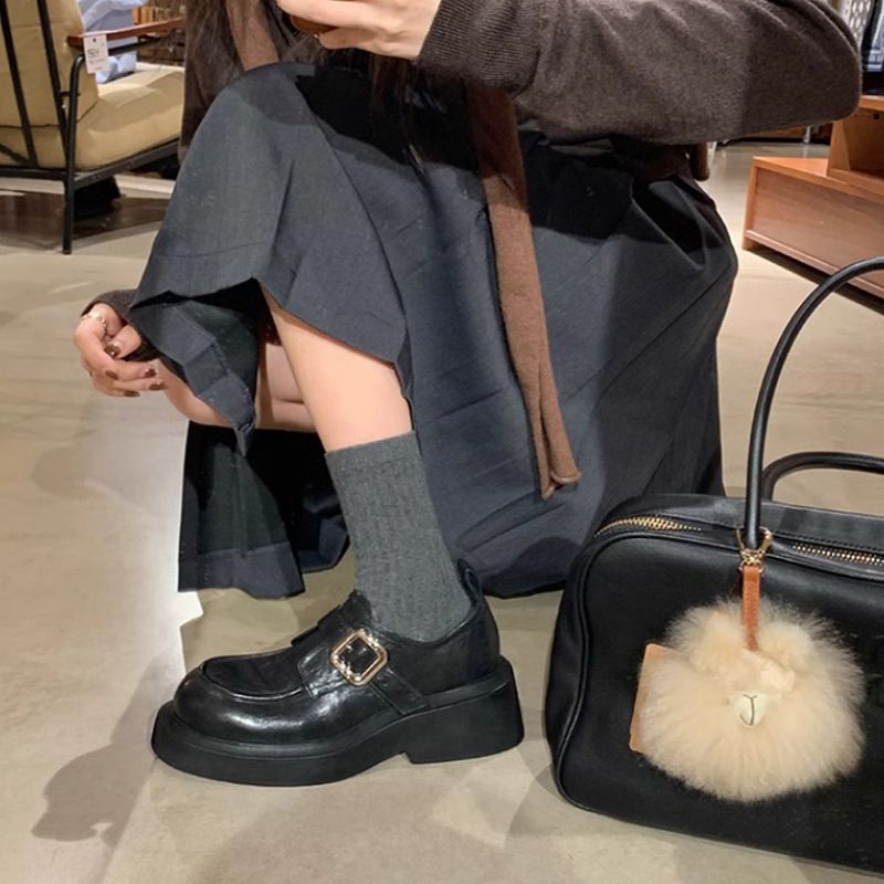 Grape Mom Studiolee Pelle di Cavallo Lavata Testa Rotonda Stile Britannico Un Passo Tacco Spesso Le Fu Singolo Donna Pelle_voghion.com