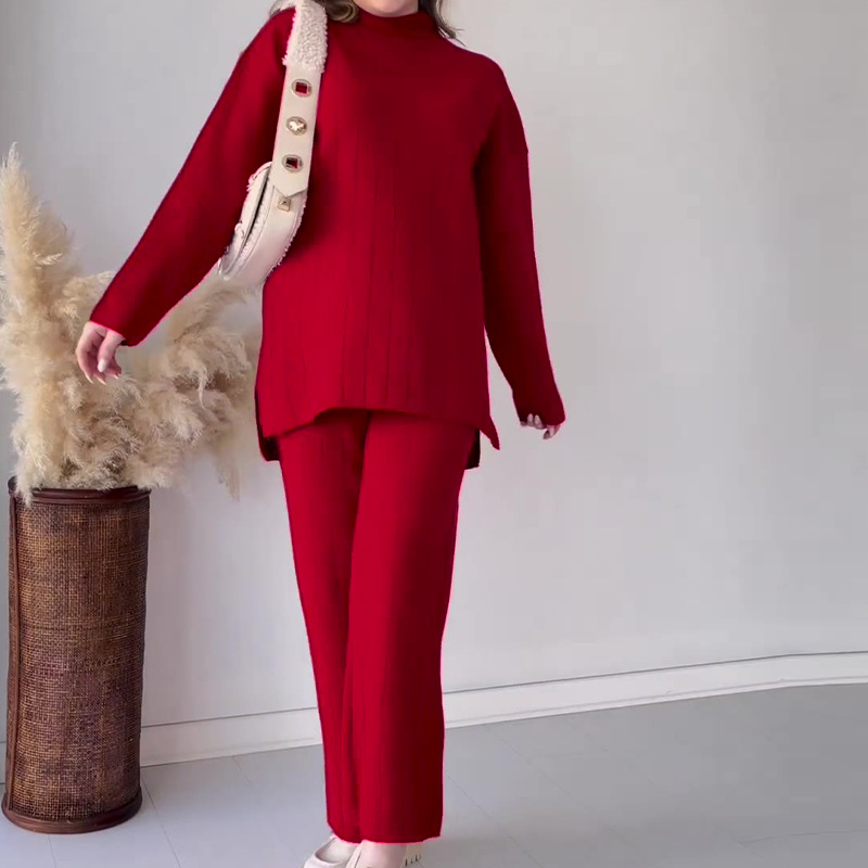 Women's Clothing fashion solid color round neck mid-length casual loose sweater suit_voghion.com
