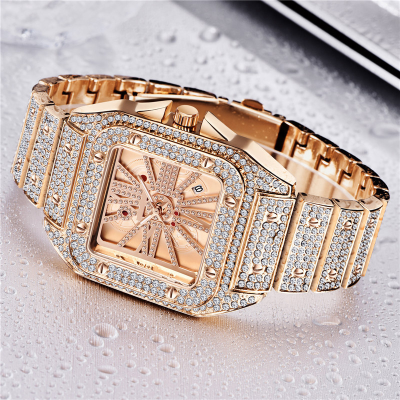 Luxury Hip Hop Men's Gold Watch With Full Diamond Accents, Quartz Movement, Fashionable Square Dial, Alloy Band - Casual & Formal Occasions_voghion.com
