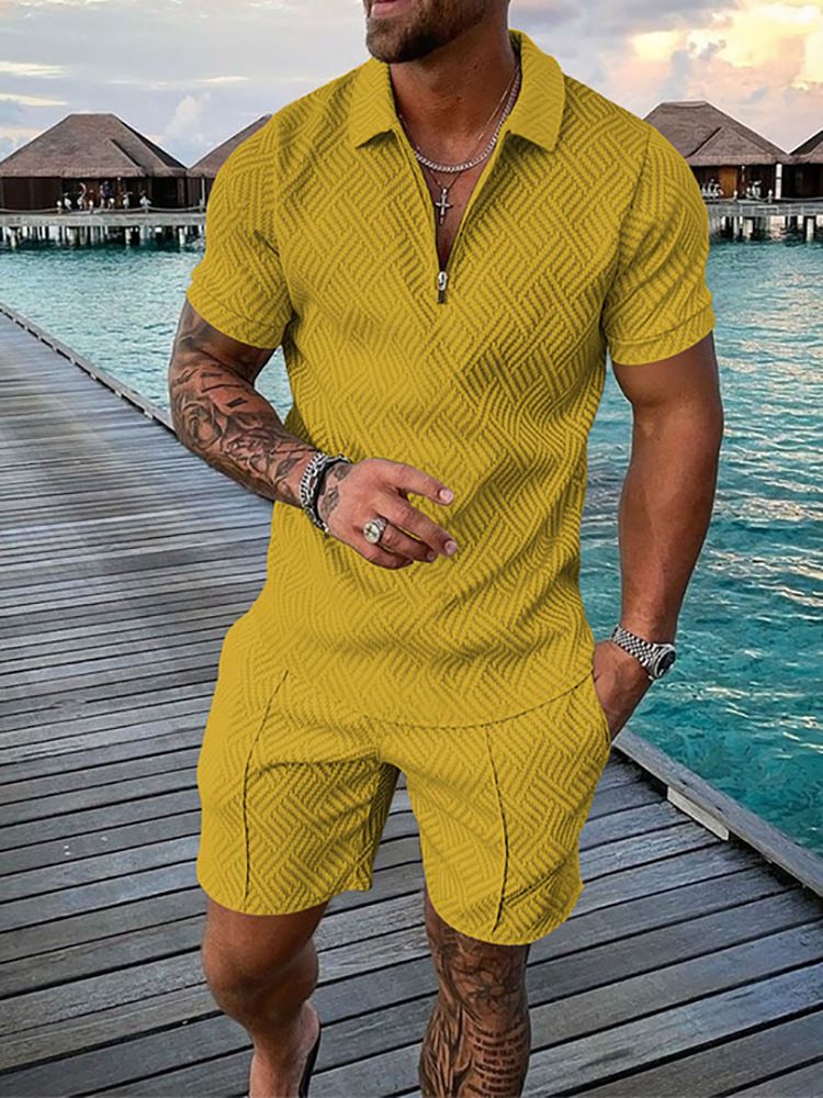Lässiges bedrucktes Kurzarm-Poloshirt-Set für Herren, Sportbekleidung, bequem, atmungsaktiv, Reißverschluss am Hals, T-Shirt und Poloshirt_voghion.com