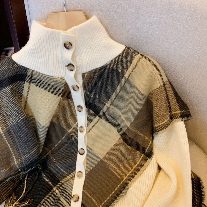 Women's Plaid Tassel Turtleneck Sweater Winter Knit Pullover With Detachable Shawl Cozy Oversized Cable Knit_voghion.com
