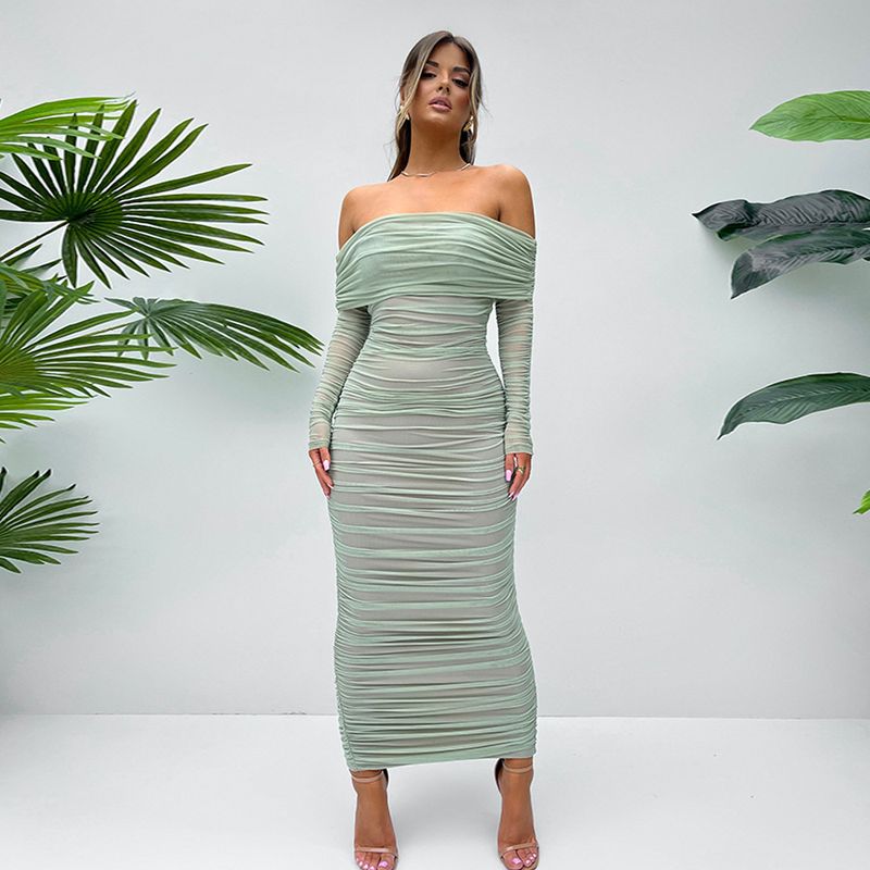 Nuovo abito monospalla a pieghe in rete per donna, vestibilità attillata, maniche corte, glutei avvolti e gonna lunga_voghion.com