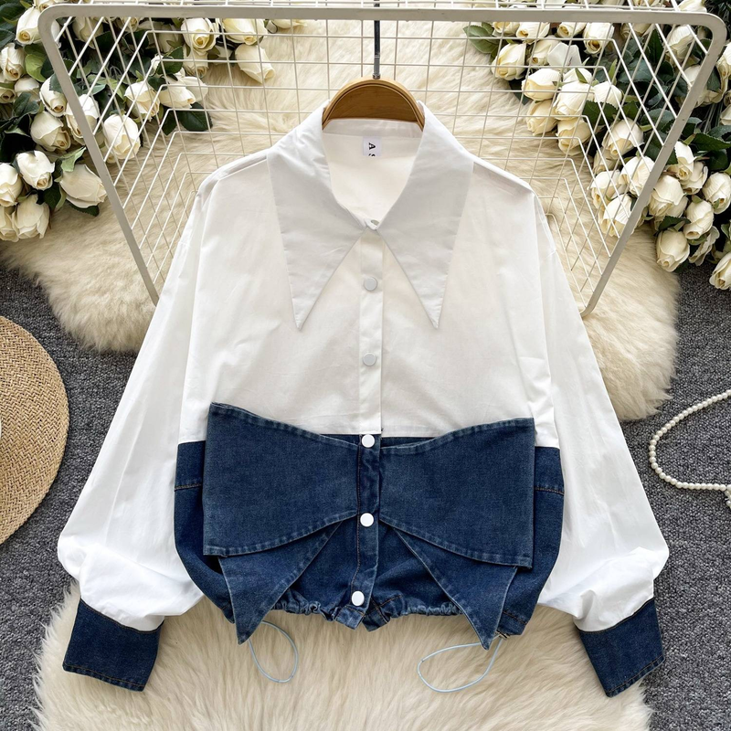 Abbigliamento da donna Camicia a maniche lunghe con fiocco in denim patchwork Camicia larga da donna Top_voghion.com