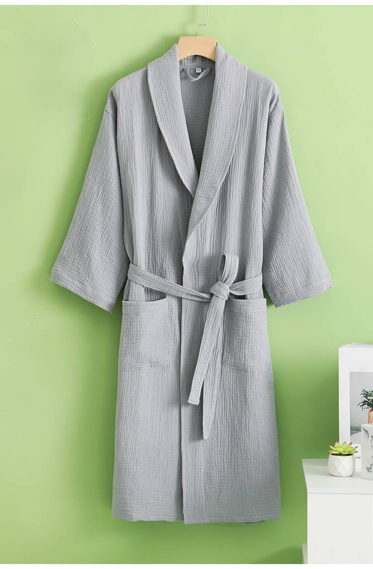 Summer Thin Bathrobe Double Layer Yarn Washed Cotton Adult Lapel Bathrobe Hotel Robe Absorbent Quick Drying Men And Women Pajamas_voghion.com