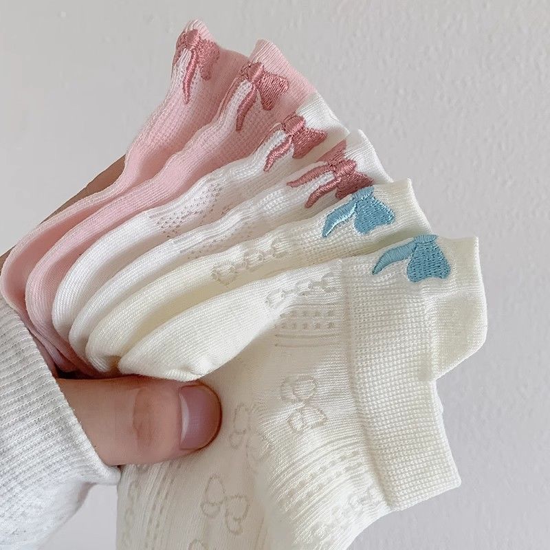 Bowknot Women's Cute Ballet Style Cotton Thin Mesh White Short Summer Socks_voghion.com