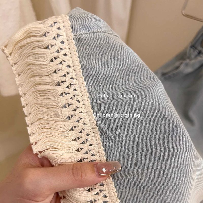 Ropa para niños Traje de diseño retro para niñas Chaleco corto con borlas de crochet de verano Top de jeans de pierna ancha Traje de dos piezas de moda_voghion.com