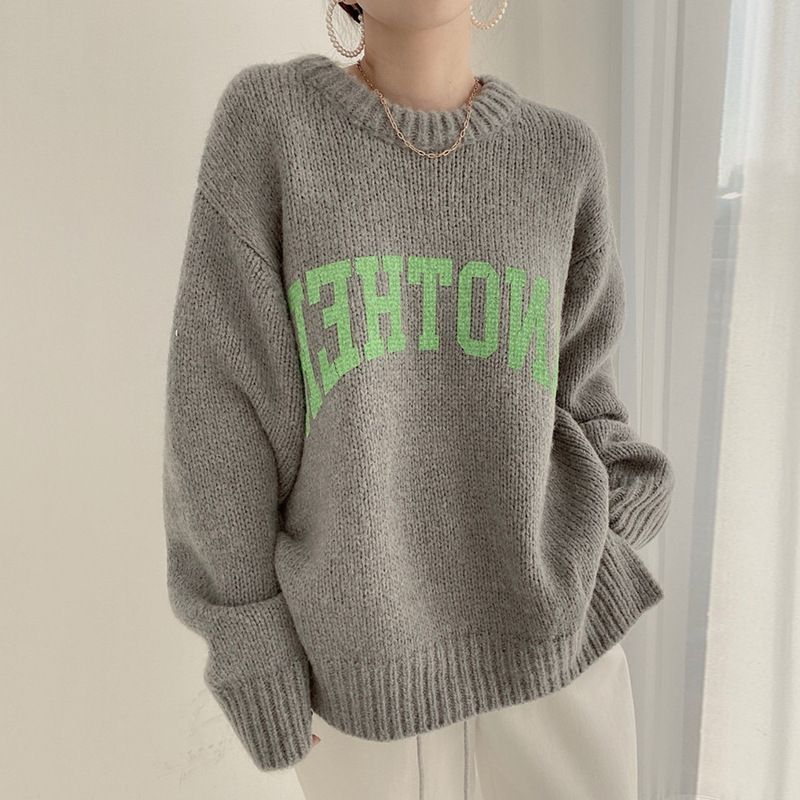 Pull femme couleur bonbon Pull ample et ample monogrammé à col rond_voghion.com