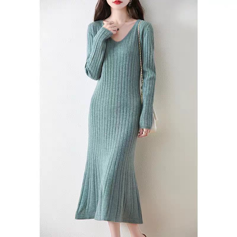 V-Neck Pullover Cashmere For Women, Autumn And Winter New Versatile Sleeve Casual A-Line Dress, Wool Knitted Long Dress_voghion.com