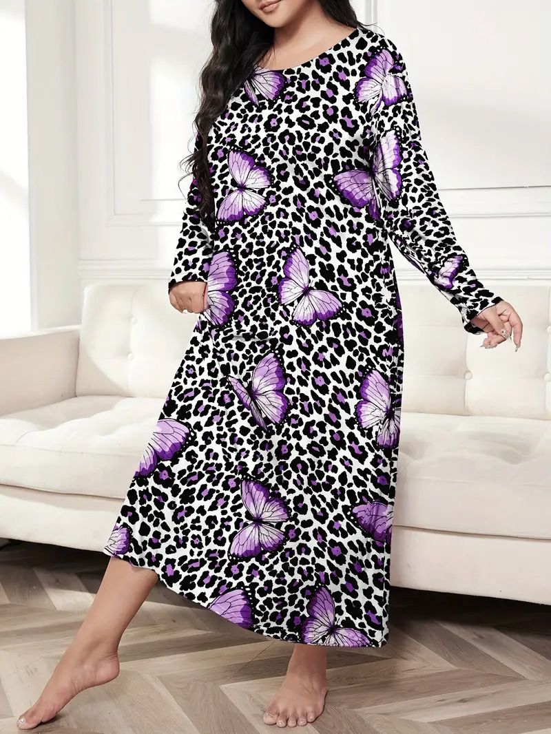 Damenbekleidung Langärmliges Nachthemdkleid mit Schmetterlings- und Herz-Leopardenmuster, überschnittener Schulter, großer Größe_voghion.com