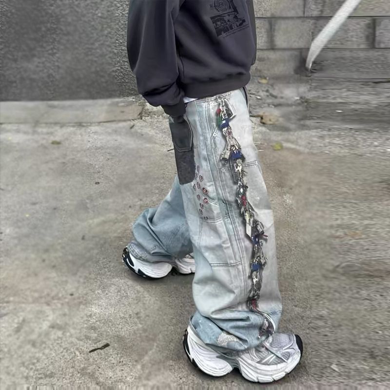 Herenkleding 3D Digitaal Bedrukte Denim Broek Heren Hip Hop Street Trend Gewassen Oude Inkt Spatten Losse Wijde Pijpen Rechte Broek_voghion.com