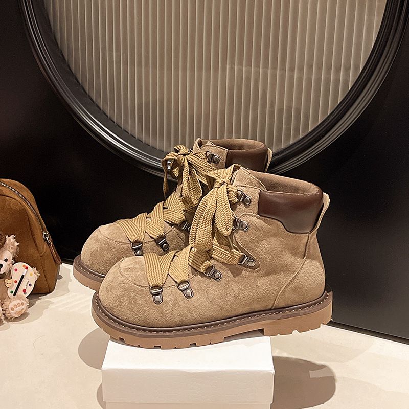 Bottes Martin montantes en daim style britannique pour femme, bout rond, talon épais, semelle épaisse, polyvalentes, à lacets sur le devant_voghion.com