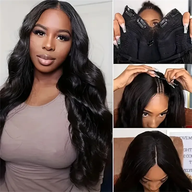 V Part Body Wave Wigs Clip In 180% Density Brazilian Remy Human Hair Natural Black Color_voghion.com
