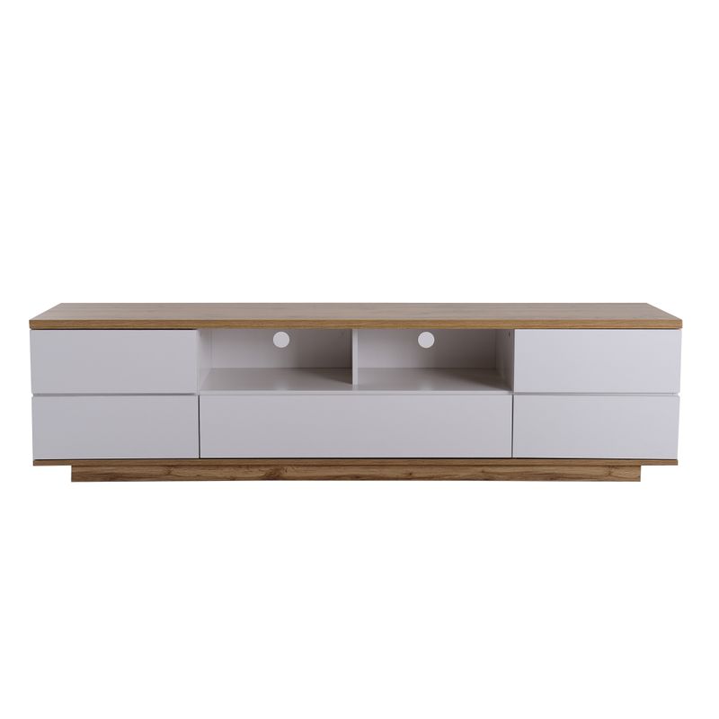 Meuble TV moderne color-block blanc avec finition grain de bois, 180 cm_voghion.com