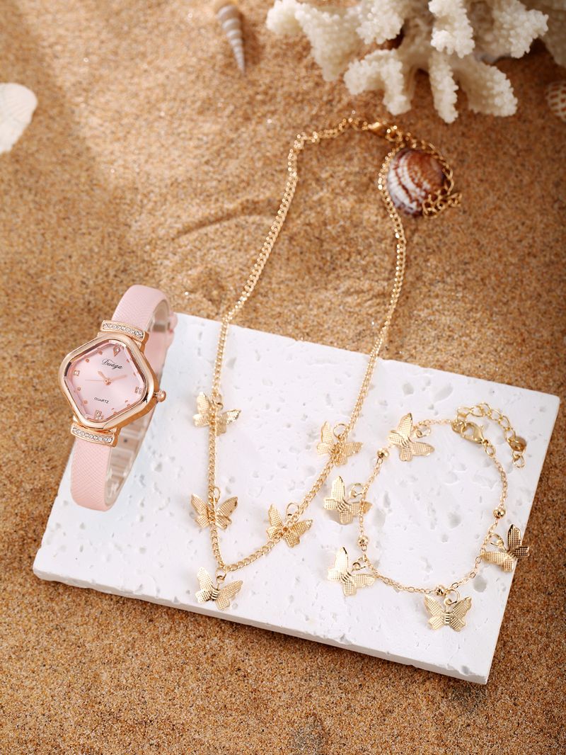 Damenuhr und Schmuckset, zartes süßes quadratisches Zifferblatt, Gürteluhr, Perlenarmband, Legierung, Schmetterlingsschmuckset_voghion.com