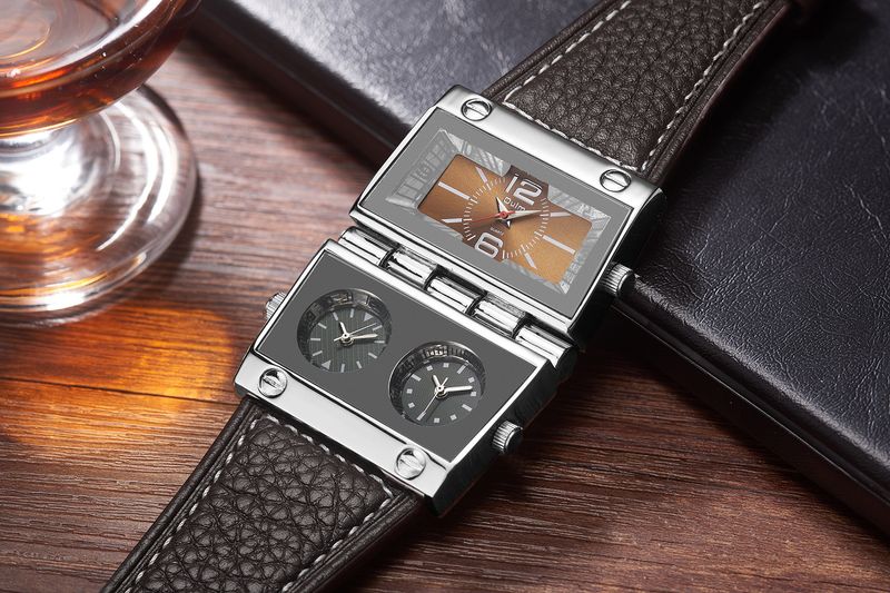 Men's Stylish Multi-Time Zone Quartz Watch With Large Square Dial, Genuine Leather Strap, And 30M Water Resistance_voghion.com