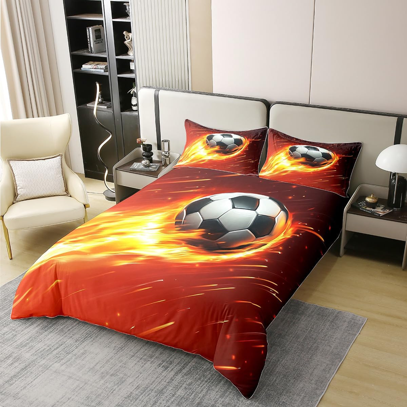 Fußball-Bettwäsche-Set, Doppelbett, Fußball-Bettwäsche für Kinder, Jungen und Männer, Feuer, leuchtendes Tor, rot, gelb, Bettdecke, Fußballbezug, weicher, bequemer Bettbezug_voghion.com