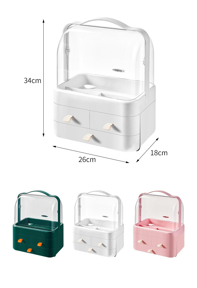 3-stufiger staubdichter Make-up-Organizer mit Schubladengriff, tragbare Kosmetik-Aufbewahrungsbox aus Acryl für Lippenstift, Hautpflege-Schönheitswerkzeuge, Schreibtisch-Kosmetikkoffer_voghion.com