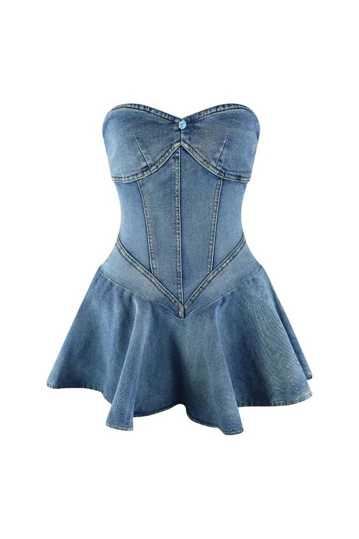 Mini abito a trapezio sexy da ragazza hot in denim senza maniche alla moda transfrontaliera_voghion.com