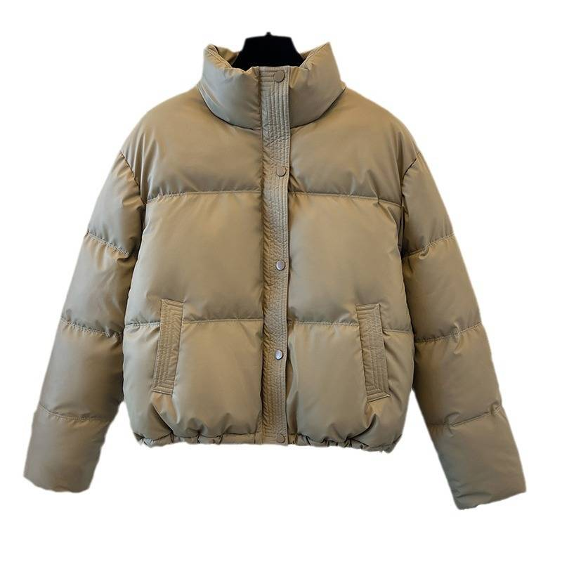 Pufferjacke aus PU-Leder für Damen, kurzer Stehkragen, dicker Slim Fit-Mantel mit Taschen für Freizeit- und Bürokleidung (Schwarz/Grün/Braun/Creme)_voghion.com